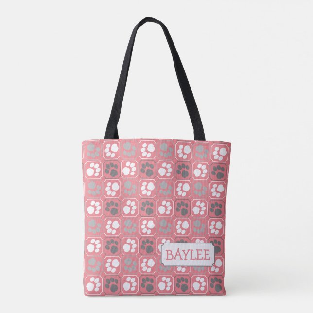 Paw Print Tile Pattern Pink with Name Tote Bag (Back)