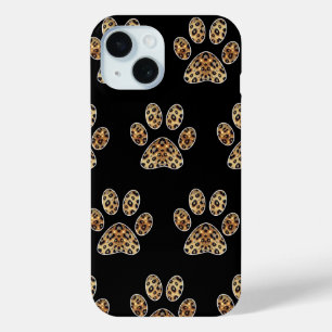 Paw Print with Gold & Black Leopard Sparkle iPhone 15 Case