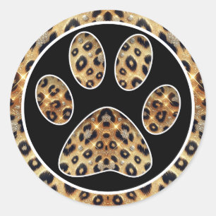 Paw Print with Gold & Black Leopard Sparkle  Classic Round Sticker