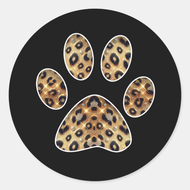 Paw Print with Gold & Black Leopard Sparkle  Classic Round Sticker (Front)