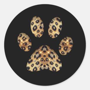 Paw Print with Gold & Black Leopard Sparkle  Classic Round Sticker