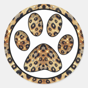 Paw Print with Gold & Black Leopard Sparkle  Classic Round Sticker