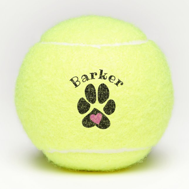 Paw print with pink heart Cute Custom dog name Tennis Balls (Front)