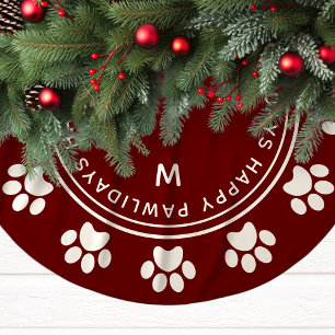 Paw Print Wreath Monogram Pet Burgundy Christmas Brushed Polyester Tree Skirt