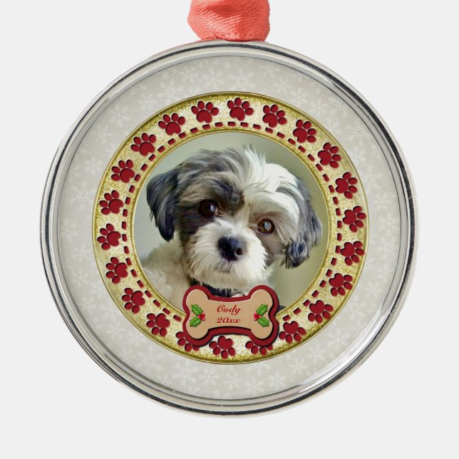 Paw Prints and Gold Frame Custom Pet Photo Metal Tree Decoration (Front)