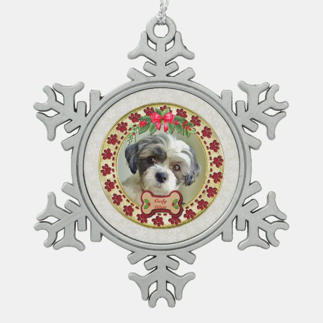Paw Prints and Gold Frame Custom Pet Photo Snowflake Pewter Christmas Ornament (Front)