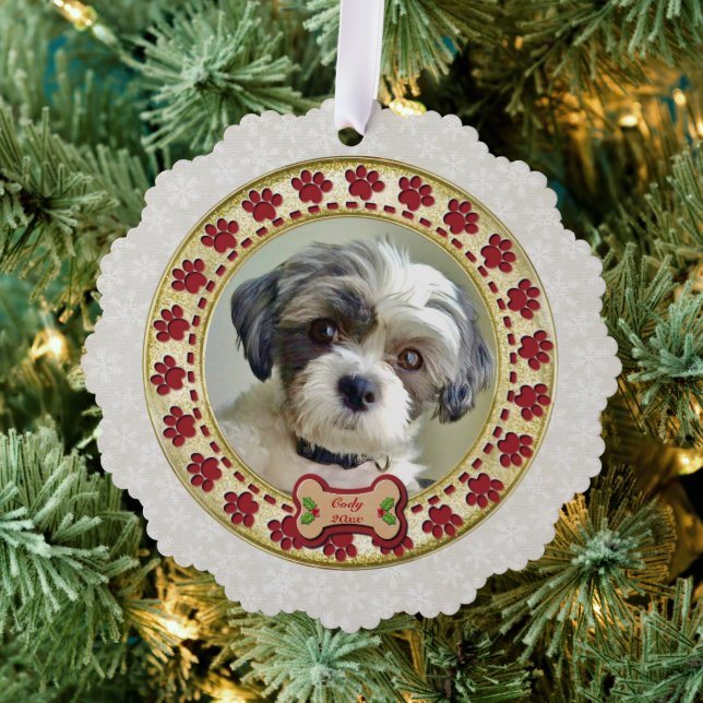 Paw Prints and Gold Frame Custom Pet Photo Tree Decoration Card (Insitu (Tree))