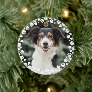Paw Prints and Hearts Frame Custom Pet Photo Ceramic Tree Decoration