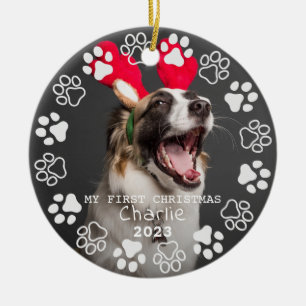 Paw Prints and Hearts Frame Custom Pet Photo  Ceramic Tree Decoration