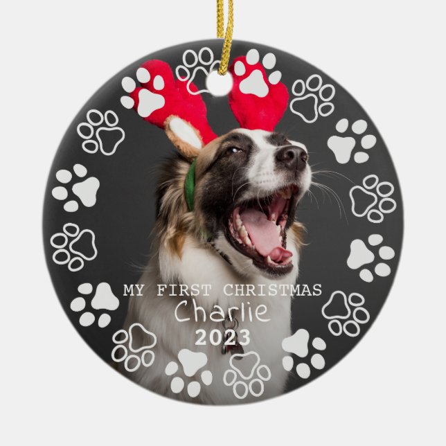 Paw Prints and Hearts Frame Custom Pet Photo  Ceramic Tree Decoration (Front)