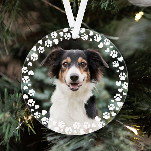 Paw Prints and Hearts Frame Custom Pet Photo Ornament (Creator Uploaded)