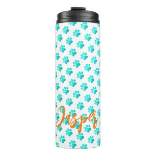 Paw Prints Aqua Blue PET NAME Orange Modern Fun Thermal Tumbler