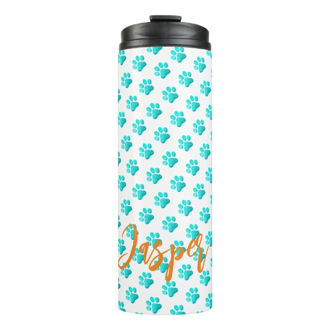 Paw Prints Aqua Blue PET NAME Orange Modern Fun Thermal Tumbler (Front)
