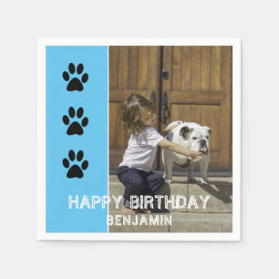 Paw Prints Blue Kids Name Photo Birthday Party Napkin