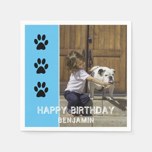 Paw Prints Blue Kids Name Photo Birthday Party Napkin (Front)
