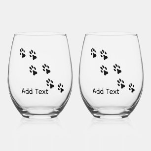 Paw Prints Crossing with Personal Text Stemless Wine Glass