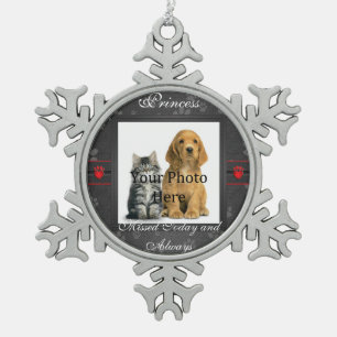Paw Prints Custom Dog or Cat Pet Memorial Tribute Snowflake Pewter Christmas Ornament