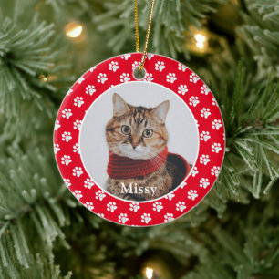 Paw Prints Custom Pet Photo Cat Name Ceramic Tree Decoration