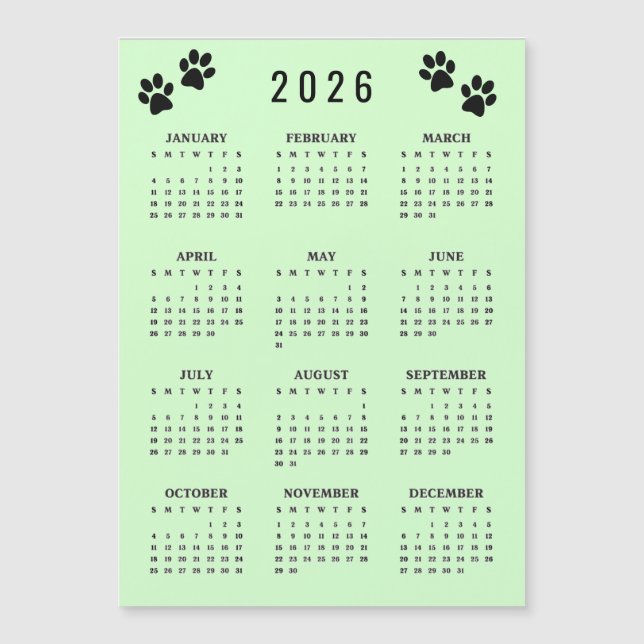 Paw Prints Design 2026 Calendar Magnetic Card (Front)