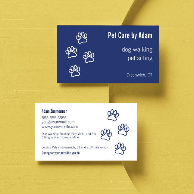 Paw Prints Dog Walker Pet Sitter Dark Blue Business Card (Pet Care Dog Walker Dog Sitter  Paw Print Business Card in Dark Blue)