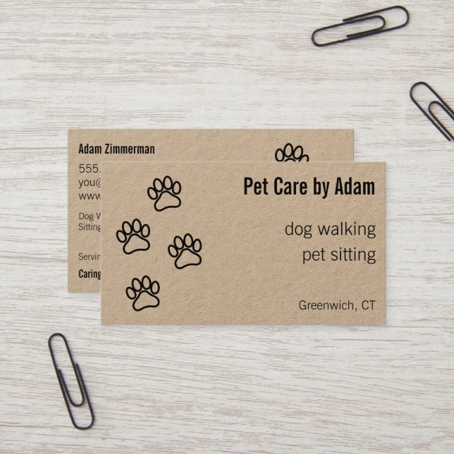 Paw Prints Dog Walker Pet Sitter Kraft Paper Business Card (Front/Back In Situ)