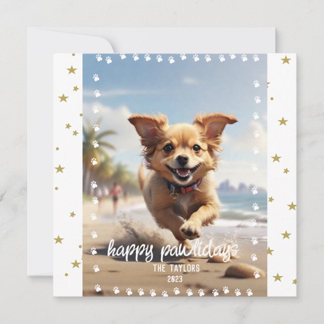 Paw Prints Frame Custom Pet Photo Holiday Card (Front)