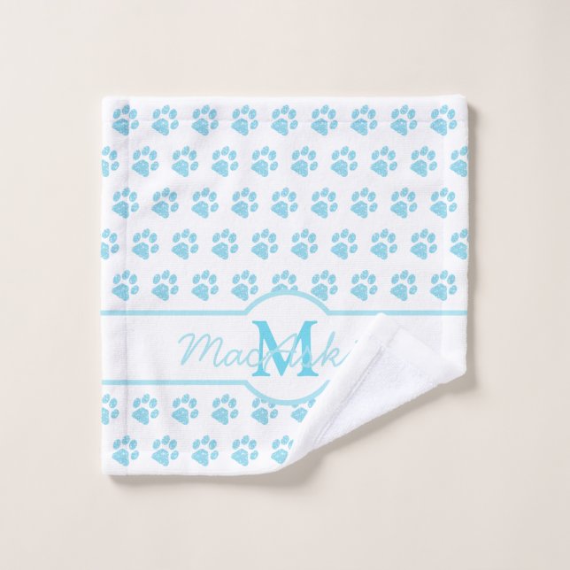Paw Prints Glitter Blue Teal Monogram Dog Cat Paw Wash Cloth (Wash Cloth)