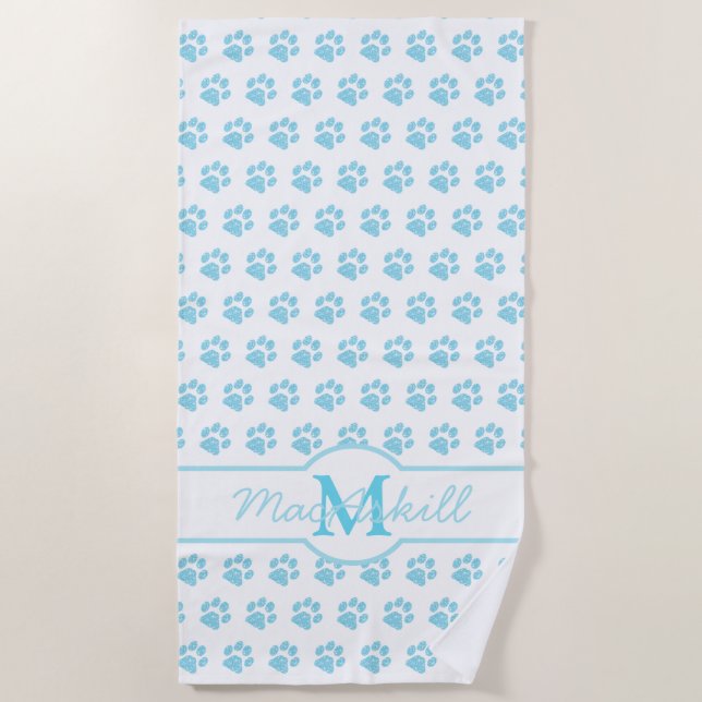 Paw Prints Glitter Blue White Monogram Cat Dog Mum Beach Towel (Front)
