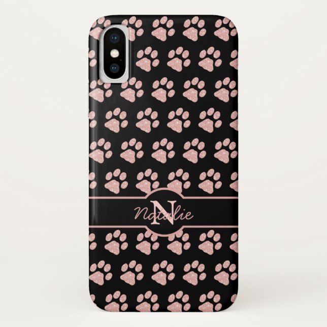Paw Prints Glitter Rose Gold Stylish Monogram Dog Case-Mate iPhone Case (Back)