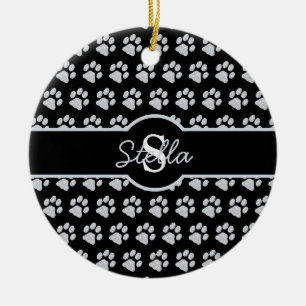 Paw Prints Glitter Silver Monogram Cat Dog Mom Ceramic Tree Decoration