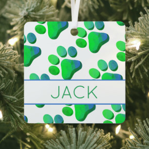 Paw Prints Green Blue Pet NAME Dog Cat Fun Metal Tree Decoration