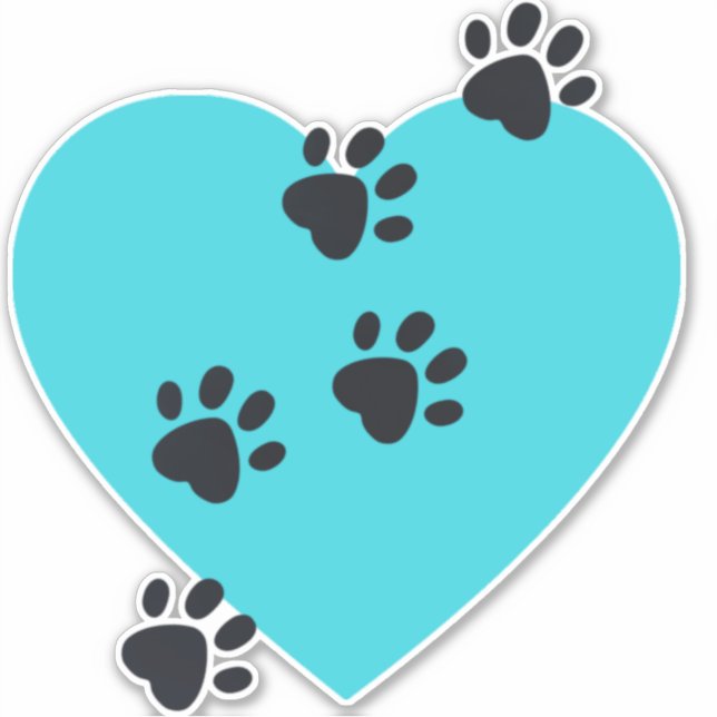  Paw Prints on Aqua Heart Design Contour Sticker (Front)