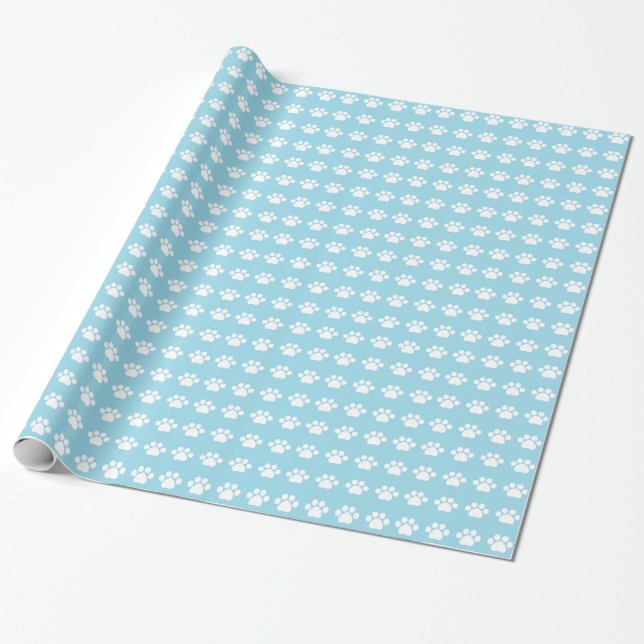 Paw Prints on Blue Background Wrapping Paper (Unrolled)