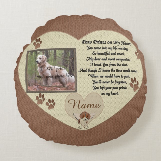Paw Prints on My Heart - Dog Memorial Round Cushion (Front)