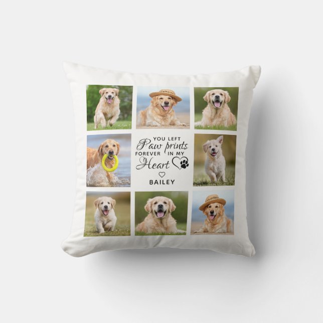 Paw Prints On My Heart Pet Memorial Photo Collage Cushion (Front)