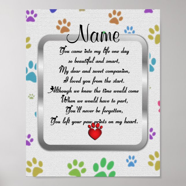 Paw Prints on My Heart Poem Pet Memorial (Front)