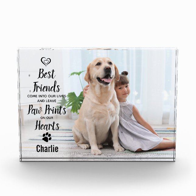 Paw Prints on our Hearts Pet Dog Memorial Photo Block (Front)