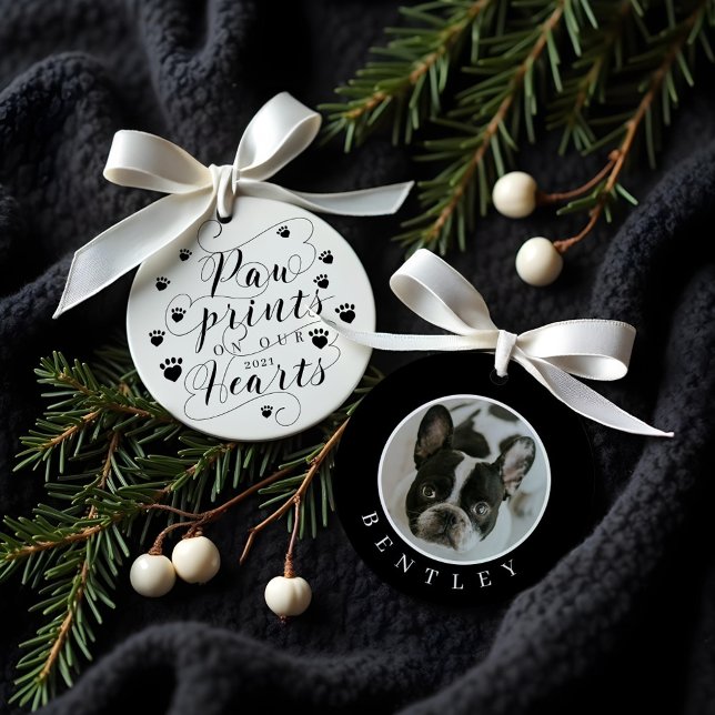 Paw Prints on Our Hearts Script Pet Photo Memorial Ornament (Paw Prints on Our Hearts Script Pet Photo Memorial Ornament)