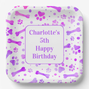Paw Prints Personalised Pink Purple Birthday Party Paper Plate
