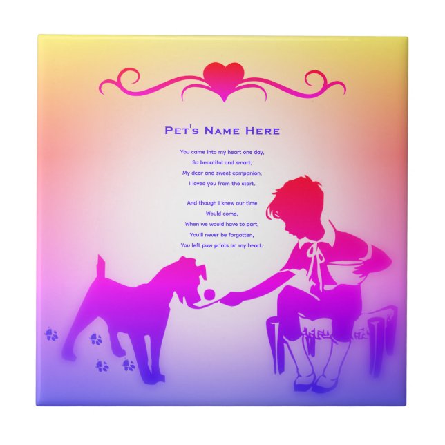 Paw Prints Pet Memorial Poem Personalized Rainbow Tile (Front)