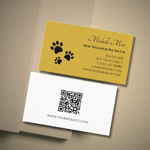 Paw Prints Pet Sitter QR code Gold Business Card
