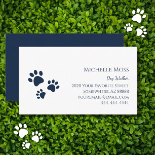 Paw Prints Pets Dog Walker Navy Blue Typography Business Card