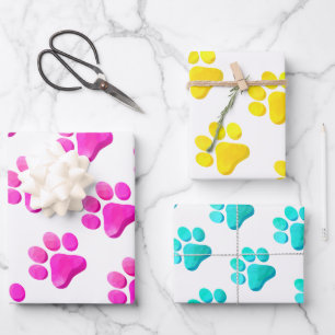 Paw Prints Pets Dogs Cats Pink Yellow Blue Fun Wrapping Paper Sheet