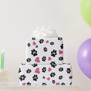 Paw prints Pink Hearts Pattern Cute Pet lovers  Wrapping Paper