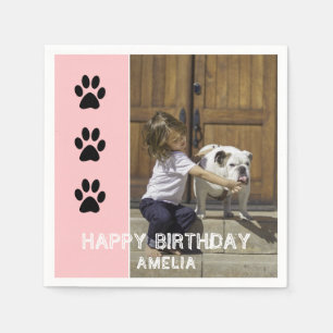 Paw Prints Pink Kids Name Photo Birthday Party Napkin