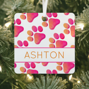 Paw Prints Pink Orange PET NAME Dog Cat Fun Metal Tree Decoration