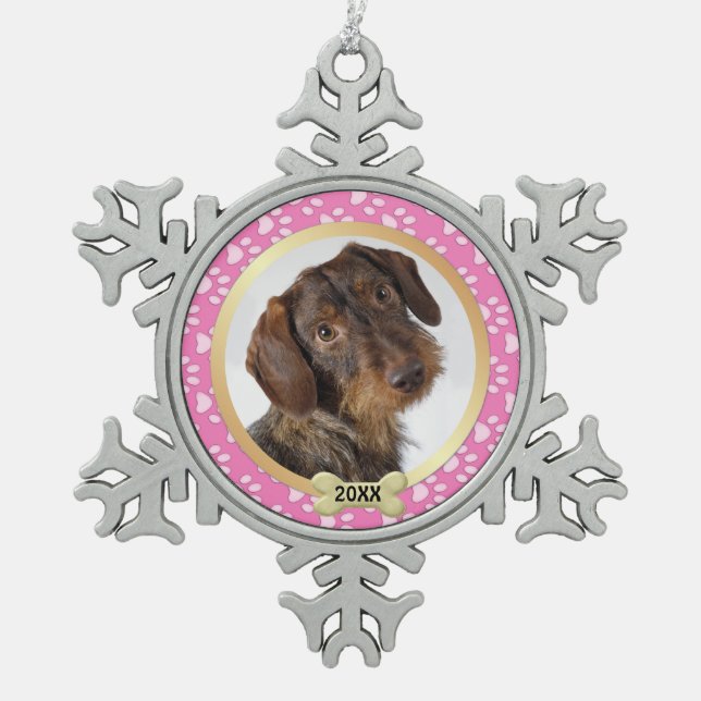 Paw Prints Pink Pet Photo Snowflake Ornament (Front)
