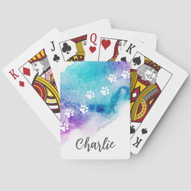 Paw prints purple aqua blue watercolor paint playing cards (Back)