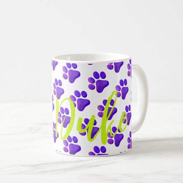 Paw Prints Purple PET NAME Cat Dog Colourful Fun Coffee Mug (Front Right)