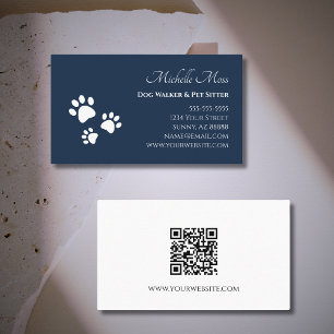 Paw Prints QR code Navy Blue Pet Sitter Business Card